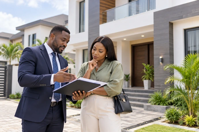 Property consultant discussing property options with clients in a modern office 